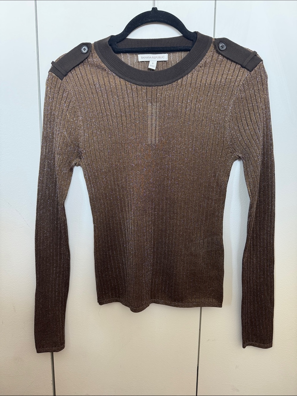 Banana Republic Metalic Brown Ribbed Long Sleeve Sweater with Shoulder Tabs